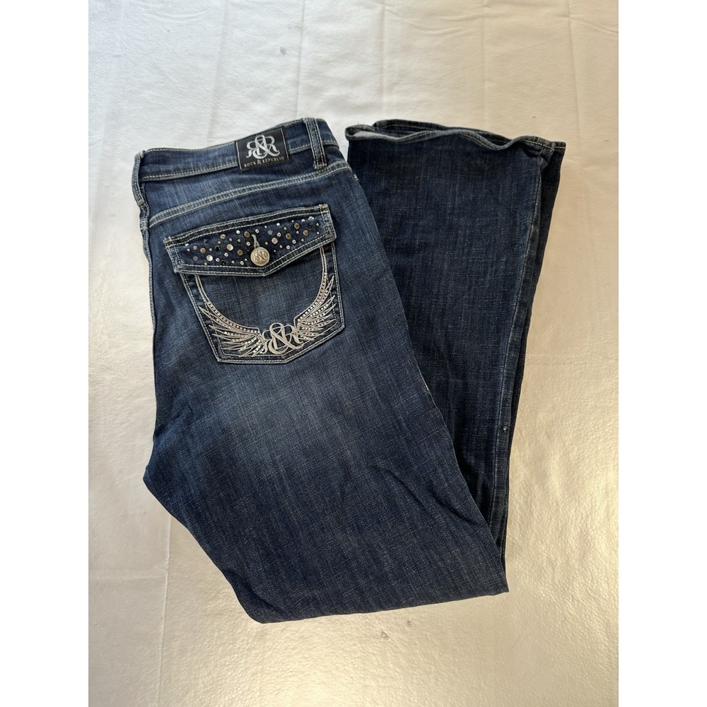 Rock & Republic Womens Jeans 36x30 Blue Bootcut Embellished Rhinestone Y2K